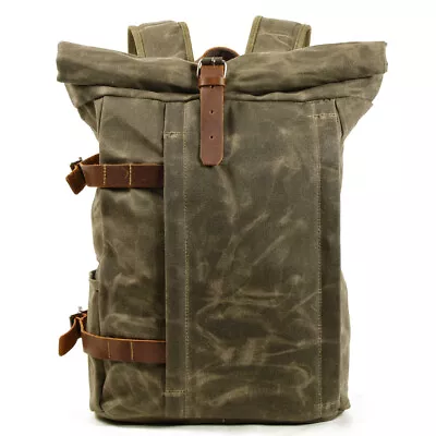 Men's Oil Wax Canvas+Real Cow Leather Backpack Handbag Book Bag Travel Satchel • $47.49