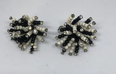 £9.83 • Buy Vintage Silver  Vendome 60’s Fireworks Atomic Black White Rhinestone Earrings