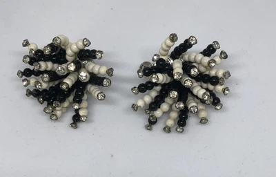 Vintage Silver  Vendome 60’s Fireworks Atomic Black White Rhinestone Earrings • £9.64