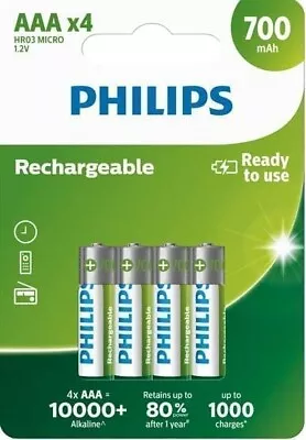4 X Philips AAA 700mAh Rechargeable Batteries | NiMH | HR3 | 1.2V | Ready To Use • £4.99