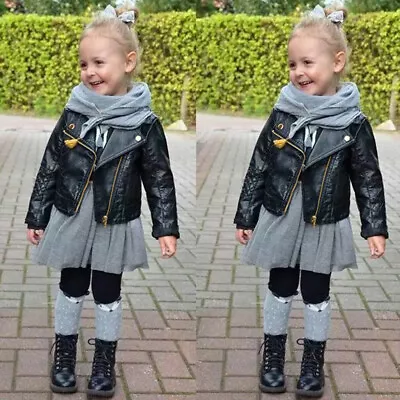 Girls Boys Faux Leather Coat Jacket Kids Cool Baby Biker Zip Up Outwear Jeckets • £17.99