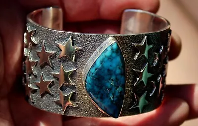 $395 • Buy Kevin Yazzie Navajo Sterling Silver & Morenci Turquoise Stone STAR Tufa Bracelet