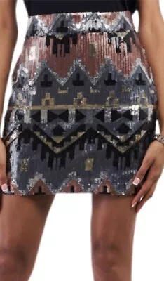 Sexy Tribal Print All Over Sequined Mini Skirt Glam Party Side Zip Lined Aztec • $12.80