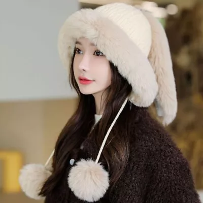 £20.99 • Buy Women Knitted Faux Fur Beanie Hat Pom Pom Cute Bunny Ear Winter Warm Ski Hiking