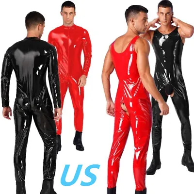 US Mens Patent Leather Bodysuit One-piece Wetlook Jumpsuit Bodystocking Clubwear • $8.69