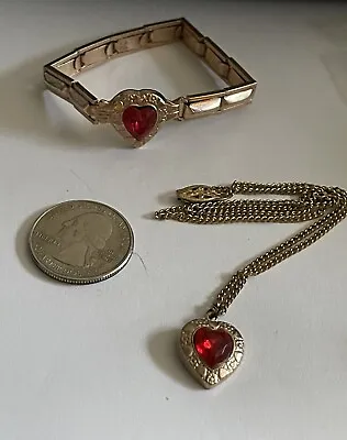 $39.99 • Buy Vintage Child’s Red Heart Shaped Rhinestone Stretch Bracelet & Matching Pendant