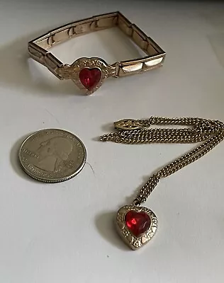 Vintage Child’s Red Heart Shaped Rhinestone Stretch Bracelet & Matching Pendant • $39.99