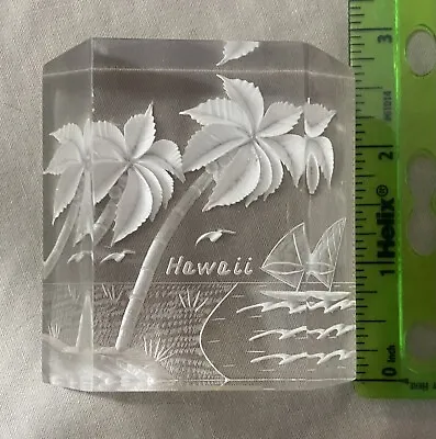 Vintage Souvenir Lucite Paperweight Hawaii Etched Palm Trees Sailboat • $10