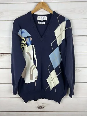 Vintage Pringle Of Scotland Sweater Mens XL Blue Cotton VNeck Golf Hand Intarsia • $24.99