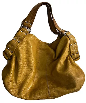 Italian Vintage Xl Montini Shoulder Travel Tote Bag Yellow Embossed Leather Zip • $69