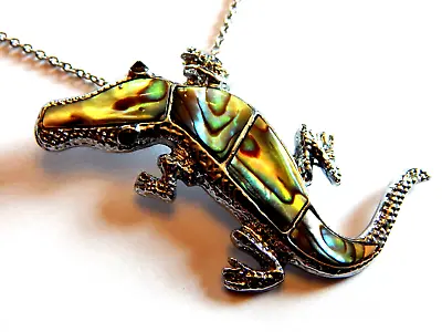 Green And Blue Abalone Shell Crocodile Alligator Pendant Necklace 24 Inch Chain • $10.99
