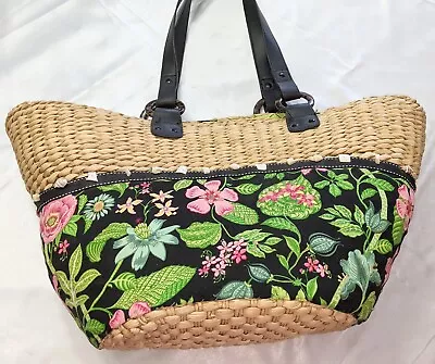 Vera Bradley Womens Beach Tote Botanica Print Natural Woven Straw Sea Shell Trim • $24.99