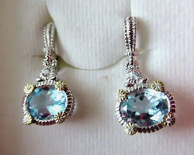 Judith Ripka 925 SS & 18K Gold Blue Topaz W Diamonds Pierced Earrings Gift Box • $269.96