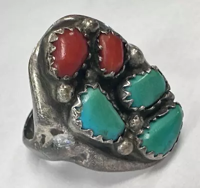 Native American 925 Silver Turquoise & Red Coral Men's Ring Sz 12.5 [034 WEy] • $74.99