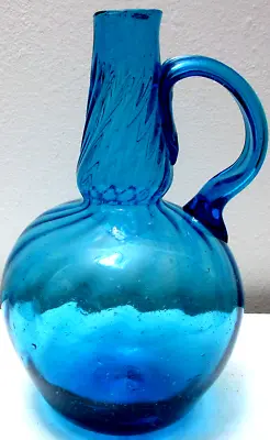 Vintage Mexican Glass Jug Pitcher Carafe Optic Swirl Rib Blue 8 1/2  Tall • $35.19