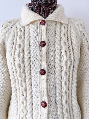 Size M Cream Chunky Cable Aran Long Cardigan Faux Leather Button Up Fisherman • £34.99