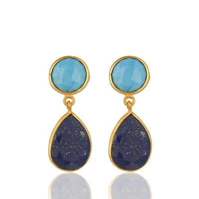 Lapis Lazuli Turquoise Gemstone Gold Plated 925 Silver Dangle Earrings • $19.99