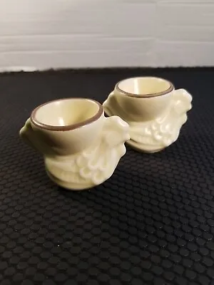 ROOSTER EGG HOLDERS CUPS Set Of Two Cream With Brown Rims Vintage #411  • $19.99