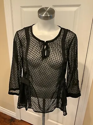 Vanessa Virginia Anthropologie Sheer Black Polka Dot Tie-Neck Top Size 6 • $19.31