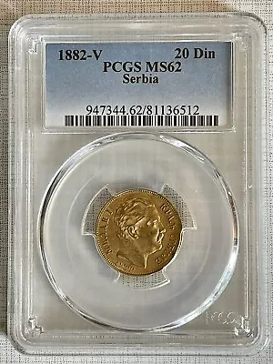 Serbia 1882 V 20 Dinara Gold PCGS MS62 SKU# 6751 • $1223.13