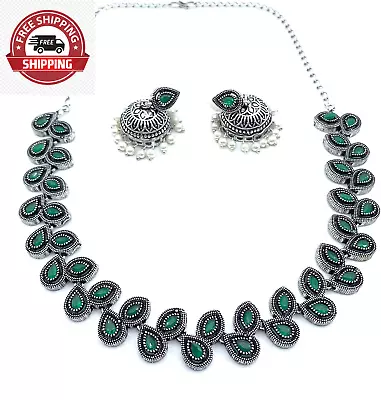 Pure German Silver Oxidized Plated Stone Choker Chain Necklace With Jhumka Earri • $129.88