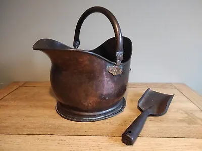 Antique Victorian Copper & Brass Coal Scuttle & Coal Shovel- Helmet Shaped • £40