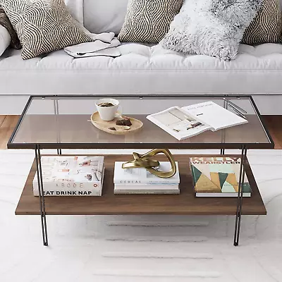 Asher Mid-Century Rectangle Coffee Table Glass Top And Wood Finish Storage Shelf • $225.17
