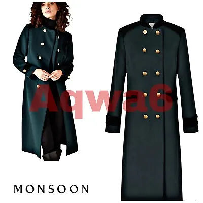 NEW TAGS Monsoon Maddie  Green  Military Long Wool Coat UK 10 • $118.12