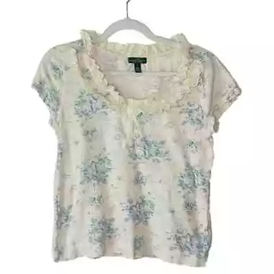 LRL Lauren Jeans Co. Short Sleeve Lace Collar Floral Top Sz. L #JJ • £19.46