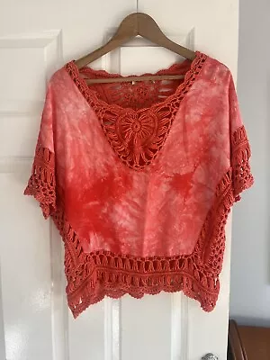 TIE DYE CROCHET KAFTAN TOP SUMMER BOHO BEACH POOL Size M • $3.69