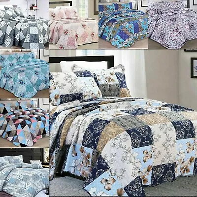 3 Piece Quilted Patchwork Bedspread Printed Comforter Throw Bedding Set Double • £23