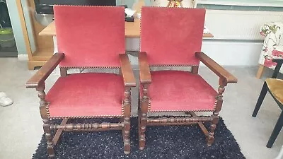  Pair Of Oak Antique Carver Chairs With Burgandy Studded Upholstery Very Solid  • £55