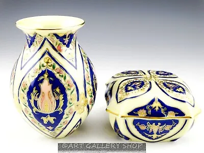 $62.99 • Buy Zsolnay Pecs Hungary Porcelain COBALT GOLD FLORAL 5  VASE & TRINKET VANITY BOX