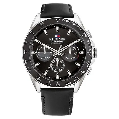 Tommy Hilfiger Black Leather Men's Multi-function Watch - 1791964 • $246