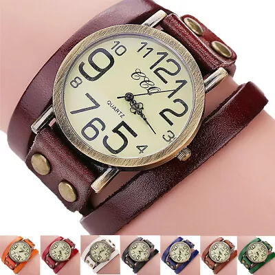 Vintage Cow Leather Bracelet Watch Men Women Wristwatch Analog Quartz Watch Gift • $4.49