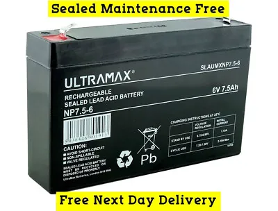 £15.99 • Buy ULTRAMAX NP7.5-6, 6V 7.5AH (as 7Ah & 8Ah) SEALED LEAD RECHARGEABLE UPS BATTERY