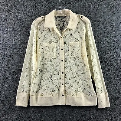 Womens M&S Size UK 12 Cream Sheer Lace Long Sleeve Button Shirt Blouse • £5.99