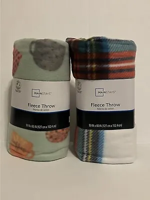 2 Mainstays Fleece Throw Blanket 50x60in Plaid & Coffee Cups • $14.99