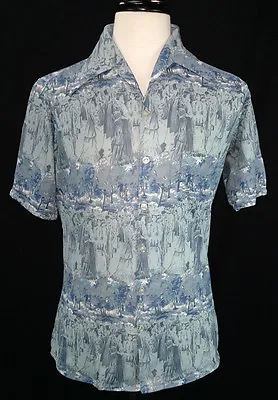 VTG Men's Blue Victorian People Patterned S/S Polyester Disco Shirt Sz M • $26.99