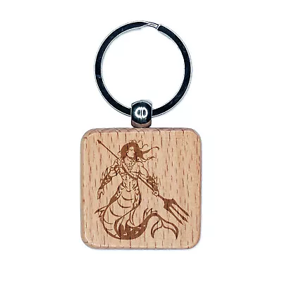 Merman Mermaid Man With Trident Engraved Wood Square Keychain Tag Charm • $9.99