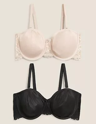 M&S 2 Pack Black & Nude Opaline Unpadded Wired Multiway Strapless BRAs UK 34D • £12.99