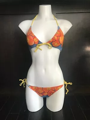 Aaron Chang Denim & Orange NEW Floral Reversible Photo Print Bikini Small • $100