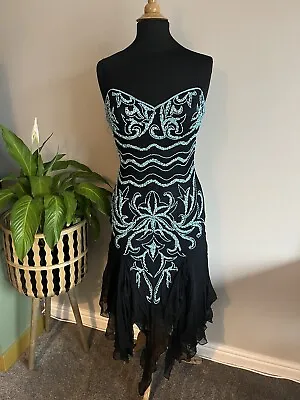 VINTAGE FIND YVE London Size 12 Black Teal Embellished Beaded Cruise Party Dress • £35