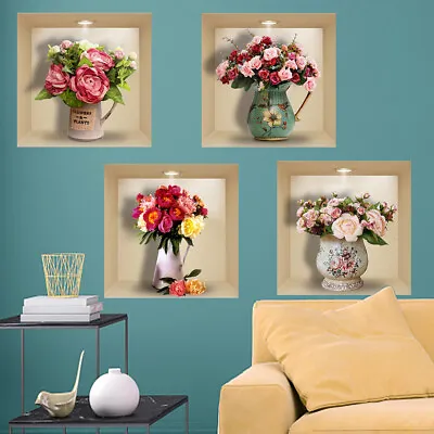 4pcs Rose Vase 3d Decorative Wall Sticker Wall Decals For Living Room Decor • £7.25