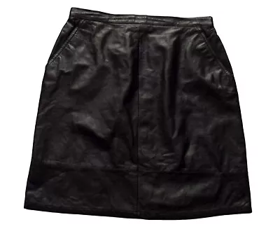 Vintage 80s Black Leather Knee Length Skirt Retro Goth New Wave 12 • £8.95