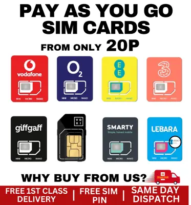 20p Only SIM Card EE 02 Voxi Three Vodafone Giffgaff Lebara Smarty +Free Sim Pin • £0.99