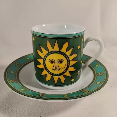 Vintage Mini Green Sun And Moon Celestial Espresso Cup Mug Saucer Plate Stars • $9.79