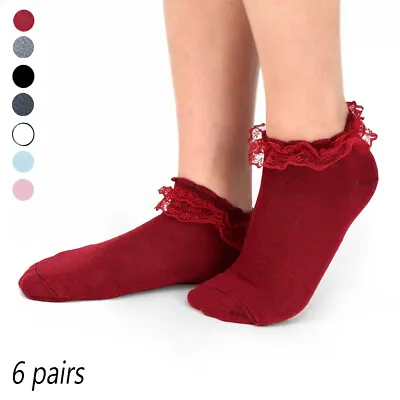 $25.99 • Buy 6 Pairs Womens Princess Lace Ruffle Frilly Socks Ankle Solid Colors Comfortable