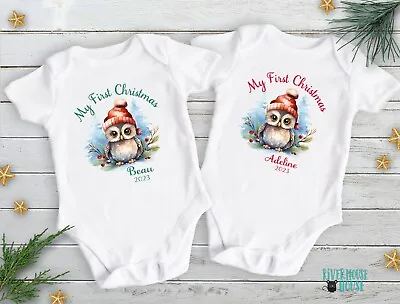 First Christmas Baby Owl Personalised Bodysuit Custom Newborn Xmas Gift • $25