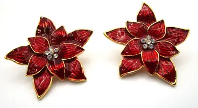 Vintage Retro Christmas Statement Clip-on Earrings Red Poinsettia Enamel • $12.99